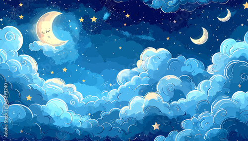 Whimsical Dreamscape Illustration A Serene Night Sky Adorned with Soft Blue Clouds, Sparkling Stars, and Gentle Crescent Moons, Evoking a Peaceful and Magical Ambiance