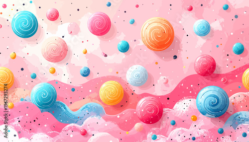 Joyful Candyland Whimsy A Delightful Abstract Background Adorned with Colorful Swirling Spheres, Scattered Sprinkles, and Gentle Pastel Waves, Evoking Sweetness and Playfulness in Design