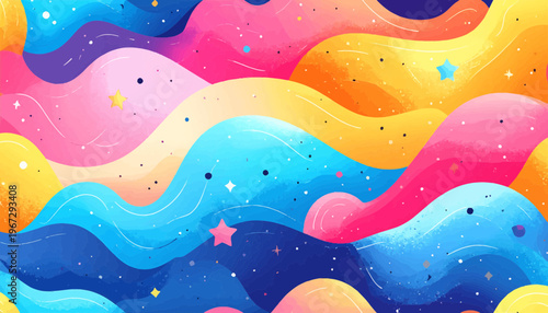 Vibrant, abstract, colorful waves with stars and sparkles creating a cosmic, dreamlike, and whimsical background for design