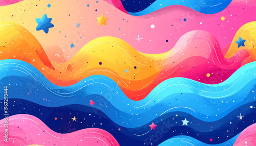 Vibrant abstract illustration of flowing waves in gradient colors with sparkling stars, creating a dynamic and dreamlike background