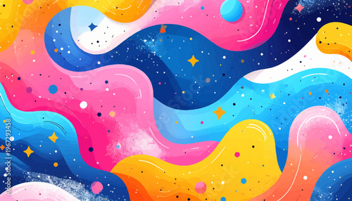 Dynamic and Vibrant Abstract Swirls Background Featuring Colorful Liquid Shapes, Playful Cosmic Dots, and Energetic Bright Tones, Creating a Modern and Joyful Design