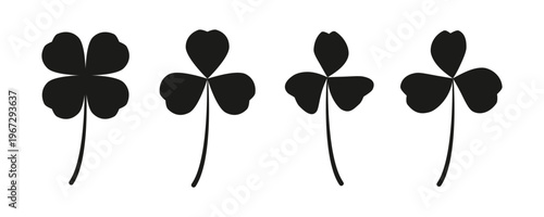 Black four leaf clover lucky charm symbol isolated vector illustration flat design. Black four leaf clover silhouette icon isolated on transparent background. Vector illustration.