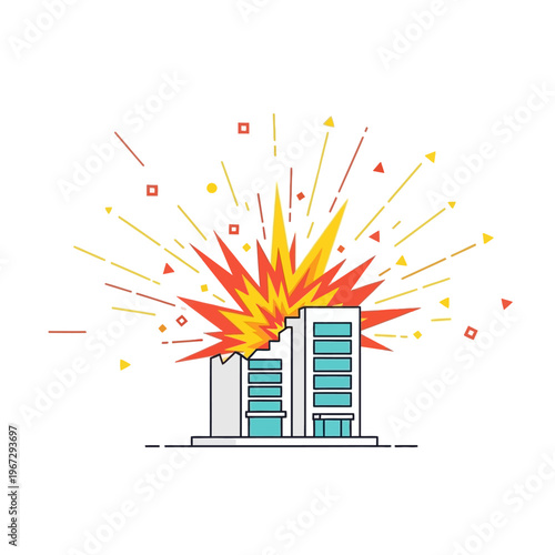 Modern Building Explodes with Bright Fiery Blast and Geometric Debris