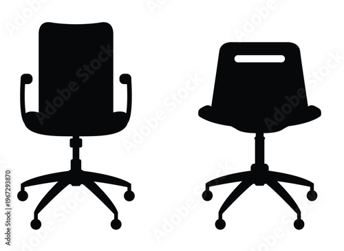 Two office chairs with wheels and armrests in black silhouette on white background. Office chair silhouettes in two views isolated, vector illustration.