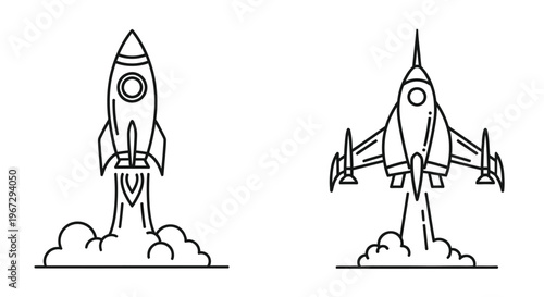 Line art illustration of a rocket and a fighter jet taking off