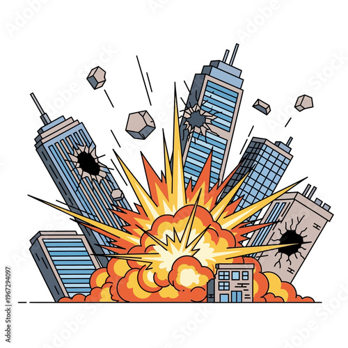 Destructive City Explosion with Tall Buildings and Debris Flying