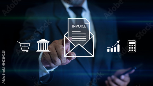 Businessman interact with digital invoice icons on virtual screen. Managing online invoices, electronic tax, e-invoice, and digital receipt statements concept