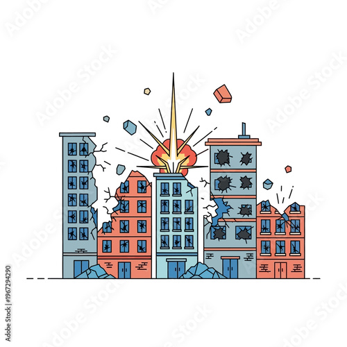 Explosion damaging city buildings, destruction, war, urban disaster, illustration