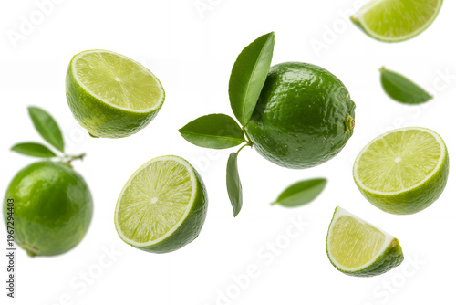 Limes and lime slices with leaves suspended in air green