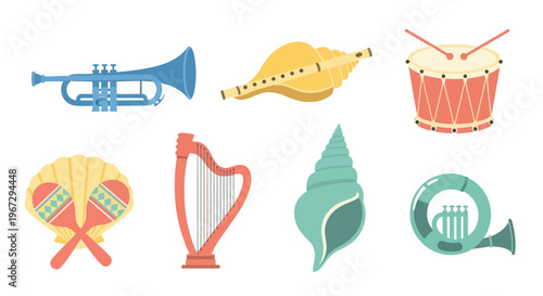 Collection of colorful musical instruments including trumpet harp drum and seashell horns