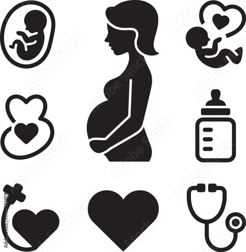 black and white pregnancy and baby icons set