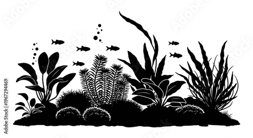 Black silhouette of aquatic plants and fish.