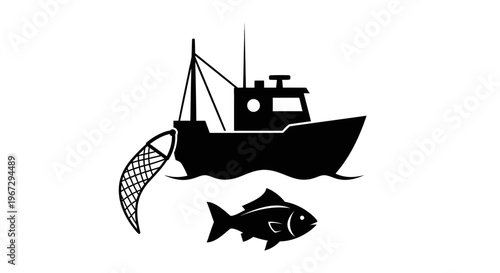 Black silhouette of fishing boat vessel.