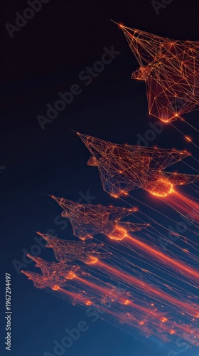 Dynamic formation of futuristic aircraft, blazing across the twilight sky, an abstract representation of speed and technology. ..Created with Generative AI, not depicting real subjects.