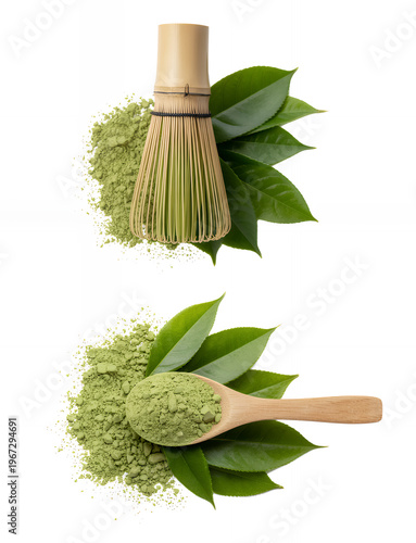 Matcha green tea powder and bamboo whisk with leaves