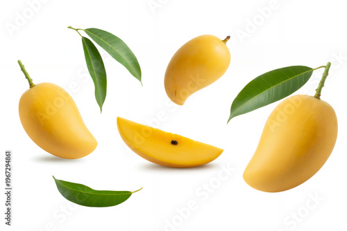 Mangoes and leaves floating against white background fruit yellow green