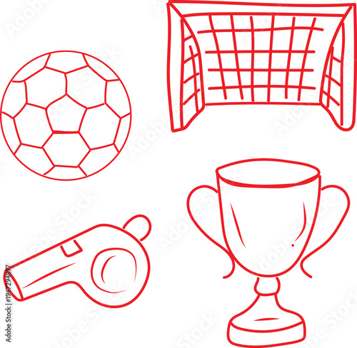 Hand-drawn red outline illustrations feature a soccer ball, a goal net, a referee's whistle, and a triumphant trophy, collectively depicting essential elements and symbols of the sport, representing p