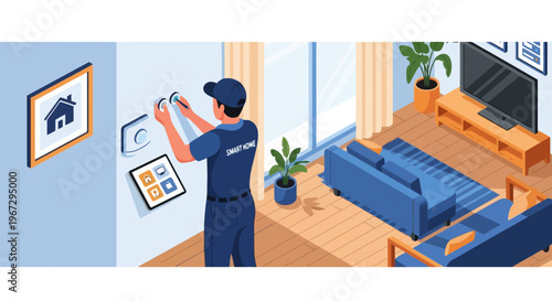 Home technician installs smart thermostat and digital control panel in modern living room interior with blue furniture and entertainment center