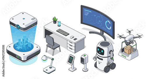 Futuristic Office Technology And Automation Concepts Including Holographic Display Delivery Robot And Drone With Package On White Background