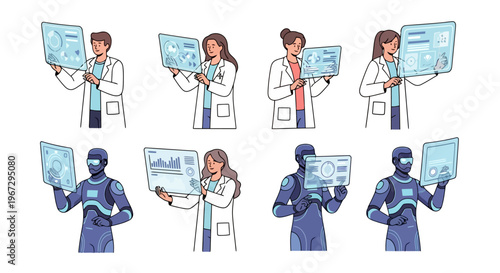 Diverse professionals and futuristic androids analyze complex data on transparent digital screens showcasing advanced technology and scientific