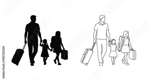 Family walking with luggage a contrasting black silhouette