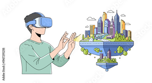 Person Immersed In Virtual Reality Interacting With Futuristic Digital Cityscape Floating Above Ground Future Technology Concept Illustration