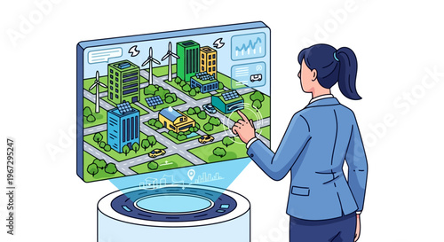 Businesswoman interacts with futuristic city simulation hologram displaying sustainable urban development technology concepts