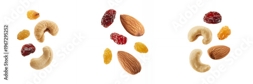 Mixed nuts and dried fruits floating in air cashews almonds raisins
