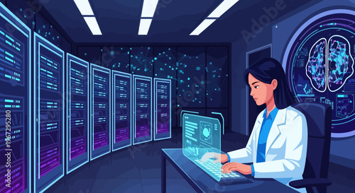 Female scientist analyzing data on holographic interface in modern server room with large computer racks and digital brain display