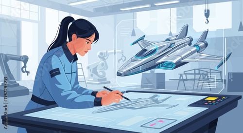 Woman engineer sketching advanced aircraft design on a digital blueprint in a modern futuristic aerospace facility working on innovation