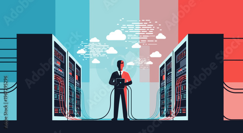 IT professional managing network server infrastructure and cloud data connectivity in modern data center environment balancing technology systems