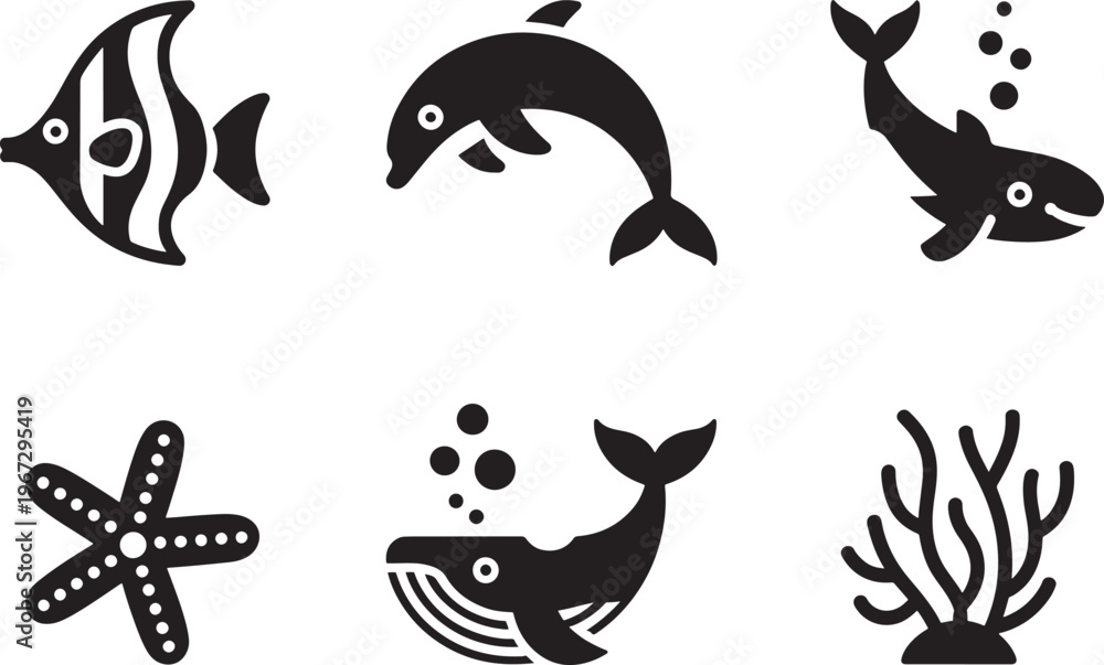 Obraz premium Black silhouettes of various sea animals and plants