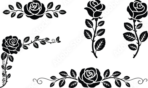 Elegant black rose floral decorative borders and corners, white background ornamental vintage style vector elements for classic frame and design composition.