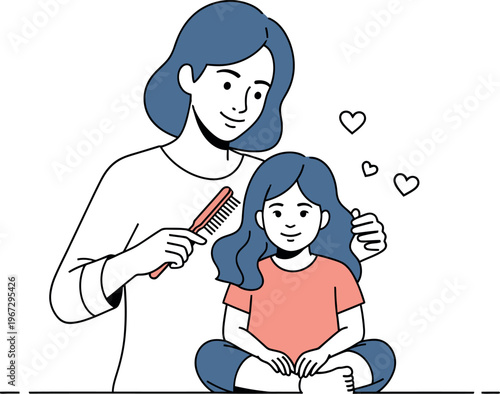 Loving mother gently brushes her happy young daughter's long hair with a comb, illustrating a heartwarming scene of maternal care, love, and a joyful family bonding moment.