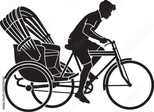 Black silhouette of a man riding a tricycle with a large basket