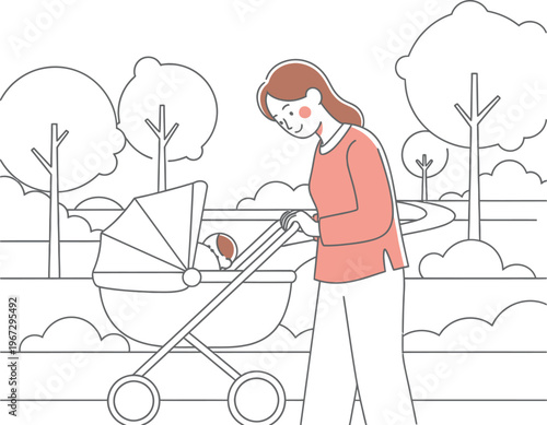 A caring mother enjoys a peaceful outdoor stroll in the park, gently pushing her newborn baby in a comfortable stroller, illustrating modern parenting and tender family moments together in nature.