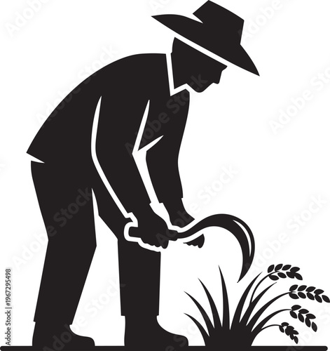 Man in a hat using a sickle to cut grass or wheat