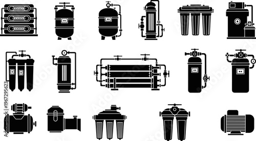 Black and white vector icons of industrial water filtration systems, reverse osmosis membranes, residential purification filters, pressure tanks, and electric centrifugal pumps for plumbing.