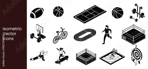 Isometric sports and fitness icons set featuring athletic equipment gym gear  and outdoor activities in flat black and white style