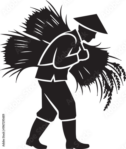 Black silhouette of a farmer carrying a large bundle of wheat