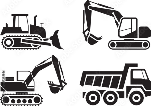 construction vehicles icons with white background