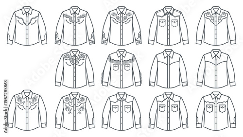 Fotografie Set of cowboy shirts, western wear design line art illustrations.