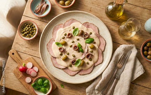 Top view of Vitello Tonnato with tuna sauce, anchovies, and capers on a wooden table