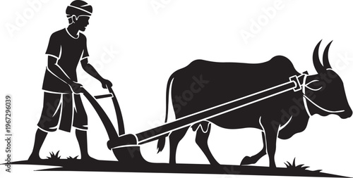 Man plowing field with oxen in a traditional farming scene illustration