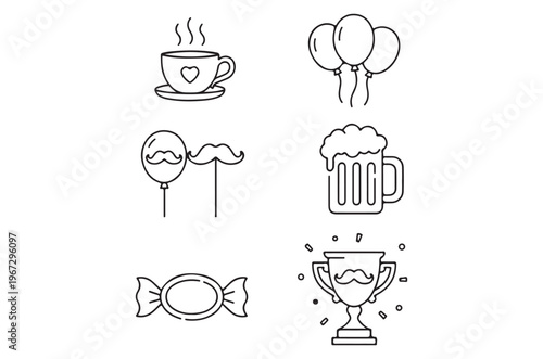 Line art icons depicting celebration elements like drinks sweets and awards