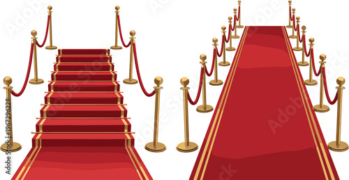Elegant Red Carpet with Golden Stanchions for VIP Events, Award Ceremonies, and Special Occasions