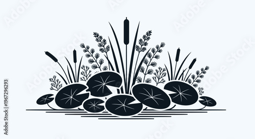 Black and white lily pads illustration.