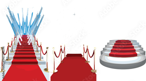 Luxury Red Carpet and Staircase with Golden Stanchions and Sparkling Effects for Event, Award Ceremonies, and VIP Occasions