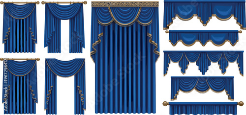 Elegant Collection of Blue Theater Curtains with Gold Trimmings and Drapes for Event Stages and Interior Design