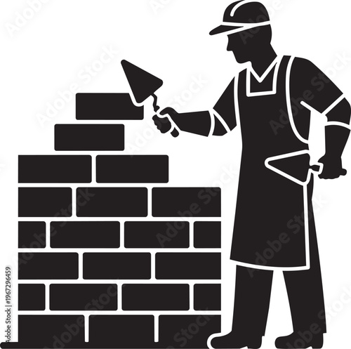 Black silhouette of a bricklayer building a brick wall with trowel